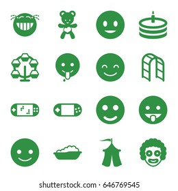 Joy icons set. set of 16 joy filled icons such as baby bath, smiling emot, laughing emot, showing tongue emot, emoji showing tongue, playground ladder, bear teddy