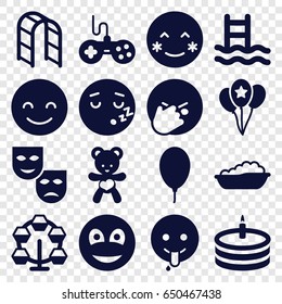 Joy icons set. set of 16 joy filled icons such as baby bath, joystick, blush, smiling emot, facepalm emot, emoji showing tongue, sleeping emot, playground ladder, bear teddy