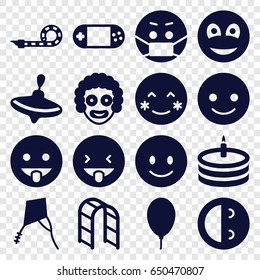Joy icons set. set of 16 joy filled icons such as whirligig, smiling emot, blush, laughing emot, showing tongue emot, emoji in mask, playground ladder, portable console