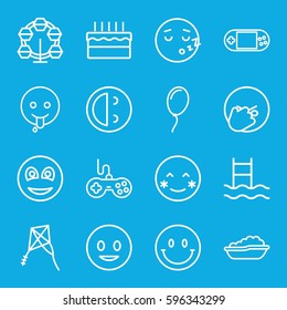 joy icons set. Set of 16 joy outline icons such as baby bath, joystick, portable console, smiley, cake, balloon, kite, smiling emot, blush, laughing emot, emoji showing tongue
