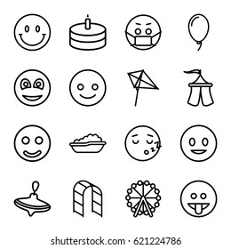 Joy icons set. set of 16 joy outline icons such as Ferris wheel, whirligig, baby bath, kite, playground ladder, balloon, smiley, cake, tent, smiling emot, showing tongue emot