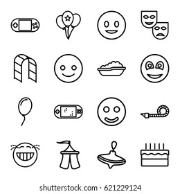 Joy icons set. set of 16 joy outline icons such as whirligig, baby bath, playground ladder, portable console, smiley, cake, party pipe, balloon, tent, portable game console