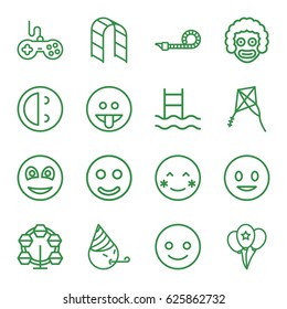Joy icons set. set of 16 joy outline icons such as joystick, playground ladder, smiley, party pipe, balloon, kite, smiling emot, blush, laughing emot, smile, swimming ladder