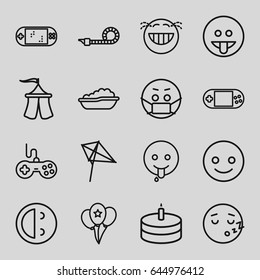 Joy icons set. set of 16 joy outline icons such as baby bath, joystick, kite, portable console, party pipe, cake, balloon, tent, portable game console, smiling emot