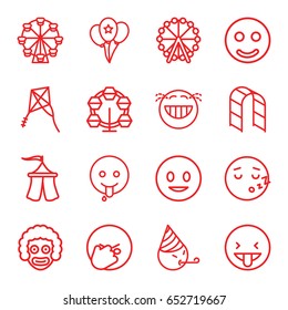 Joy icons set. set of 16 joy outline icons such as ferris wheel, playground ladder, balloon, tent, kite, smiling emot, laughing emot, emoji showing tongue, smile, carousel