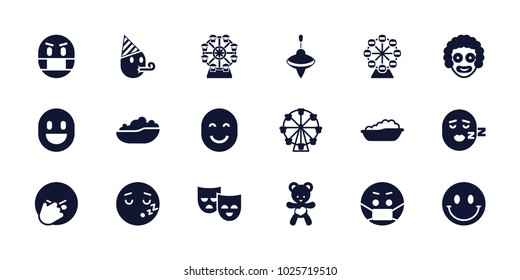 Joy Icons. Set Of 18 Editable Filled Joy Icons: Baby Bath, Facepalm Emot, Emoji In Mask, Sleeping Emot, Clown, Ferris Wheel, Bear Teddy, Smiley, Whirligig