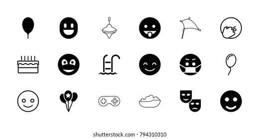 Joy icons. set of 18 editable filled and outline joy icons: smile, smiling emot, showing tongue emot, emoji in mask, mask, balloon, smiley, facepalm emot, cake