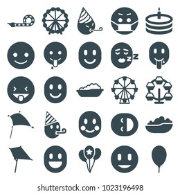 Joy icons. set of 25 editable filled joy icons such as ferris wheel, baby bath, kite, smiling emot, showing tongue emot, emoji in mask, emoji showing tongue, carousel, balloon