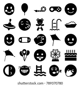 Joy icons. set of 25 editable filled joy icons such as whirligig, baby bath, kite, smiling emot, laughing emot, swimming ladder, bear teddy, portable console, balloon, cake