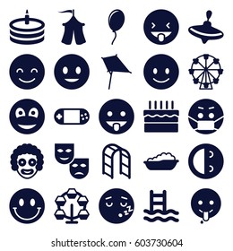 Joy icons set. set of 25 joy filled icons such as whirligig, baby bath, kite, smiling emot, laughing emot, emoji in mask, emoji showing tongue, playground ladder