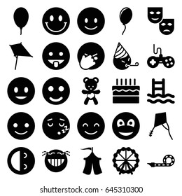 Joy icons set. set of 25 joy filled icons such as ferris wheel, joystick, kite, smiling emot, laughing emot, bear teddy, balloon, smiley, cake, party pipe, tent, mask, smile