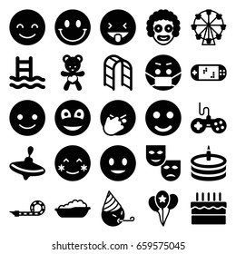 Joy Icons Set. Set Of 25 Joy Filled Icons Such As Whirligig, Baby Bath, Joystick, Smiling Emot, Blush, Facepalm Emot, Emoji In Mask, Playground Ladder, Bear Teddy, Smiley