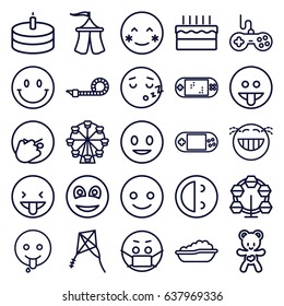 Joy icons set. set of 25 joy outline icons such as baby bath, joystick, bear teddy, portable console, smiley, cake, party pipe, tent, kite, portable game console, smiling emot