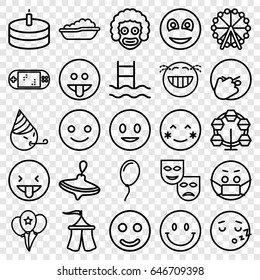 Joy icons set. set of 25 joy outline icons such as ferris wheel, whirligig, baby bath, smiley, cake, balloon, tent, portable game console, smiling emot, blush, laughing emot