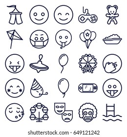 Joy icons set. set of 25 joy outline icons such as ferris wheel, whirligig, baby bath, joystick, kite, bear teddy, balloon, tent, portable game console, smiling emot, blush
