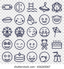 Joy icons set. set of 25 joy outline icons such as ferris wheel, whirligig, baby bath, kite, bear teddy, portable console, smiley, cake, tent, smiling emot, blush