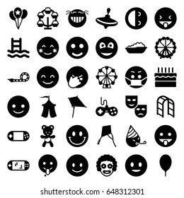 Joy icons set. set of 36 joy filled icons such as ferris wheel, whirligig, baby bath, joystick, kite, smiling emot, blush, laughing emot, emoji in mask, emoji showing tongue