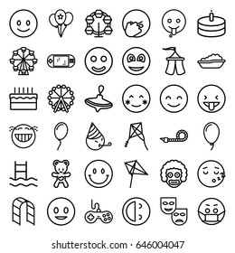Joy icons set. set of 36 joy outline icons such as ferris wheel, whirligig, baby bath, joystick, kite, playground ladder, bear teddy, balloon, smiley, cake, party pipe, tent