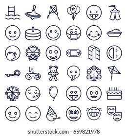 Joy icons set. set of 36 joy outline icons such as ferris wheel, whirligig, baby bath, joystick, kite, playground ladder, bear teddy, portable console, balloon, smiley, cake