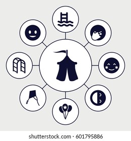 joy icons set. Set of 9 joy filled icons such as smiling emot, blush, laughing emot, facepalm emot, playground ladder, balloon, tent, kite