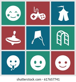 Joy Icons Set. Set Of 9 Joy Filled Icons Such As Whirligig, Joystick, Smiling Emot, Blush, Emoji Showing Tongue, Playground Ladder, Tent