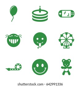Joy icons set. set of 9 joy filled icons such as laughing emot, emoji showing tongue, bear teddy, party pipe, cake, balloon, portable game console, smiley