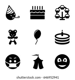 Joy icons set. set of 9 joy filled icons such as emoji in mask, party emot, bear teddy, smiley, cake, tent, balloon