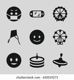 Joy icons set. set of 9 joy filled icons such as ferris wheel, whirligig, smiling emot, emoji in mask, cake, kite