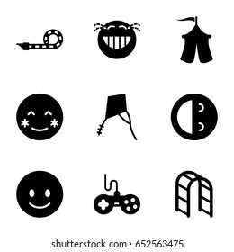 Joy icons set. set of 9 joy filled icons such as joystick, smiling emot, blush, laughing emot, playground ladder, party pipe, tent