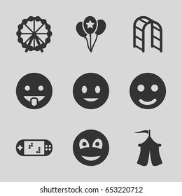Joy icons set. set of 9 joy filled icons such as ferris wheel, smiling emot, showing tongue emot, playground ladder, smiley, balloon, tent, portable game console