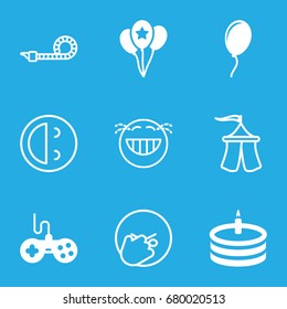 Joy icons set. set of 9 joy filled and outline icons such as joystick, cake, balloon, party pipe, tent, laughing emot