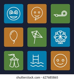 Joy icons set. set of 9 joy outline icons such as kite, balloon, smiley, party pipe, tent, smiling emot, emoji showing tongue, Ferris wheel