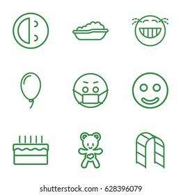 Joy icons set. set of 9 joy outline icons such as baby bath, playground ladder, bear teddy, balloon, cake, laughing emot, emoji in mask