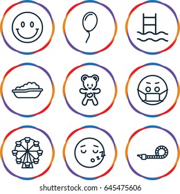 Joy icons set. set of 9 joy outline icons such as baby bath, bear teddy, party pipe, balloon, emoji in mask, sleeping emot, smiley, ferris wheel