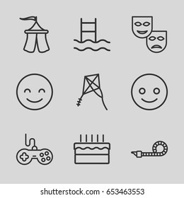 Joy icons set. set of 9 joy outline icons such as joystick, cake, party pipe, tent, kite, smiling emot, swimming ladder