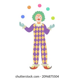 Joy juggling clown in green wig isolated on white background.