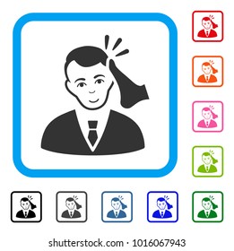 Joy Kickboxer Victim vector icon. Person face has joyful expression. Black, gray, green, blue, red, pink color versions of kickboxer victim symbol inside a rounded squared frame.