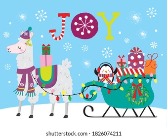 Joy Llama and Penguin on the Sleight