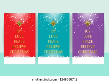 Joy Love  Peace Believe Christmas with Star, Christmas tree shape Greeting Card, Gift Tag Label, Vector EPS 10.