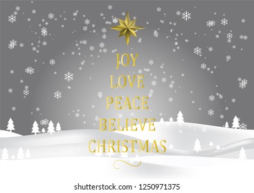 Joy Love Peace Believe Christmas with Star, Christmas tree shape Greeting Card, Vector EPS 10.