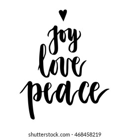 Joy  love  peace  Christmas written white background  Modern calligraphy   hand drawn design elements  Hand painted letters  Christmas greetings  Vector illustration 