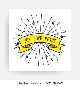 Joy Love Peace. Merry Christmas New Year Design, Linear Flat Icon. Simple vector illustrations for greeting card, posters, print, mobile phoned designs, ads, promotional  Golden Yellow black white