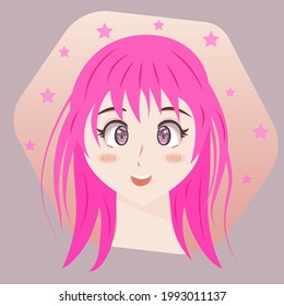 Joy, love, positive emotions. Anime girl with pink hair smiling. Girl on a background with stars. 