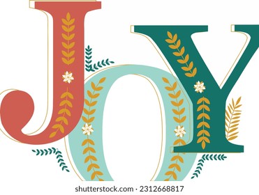 Joy, Merry Christmas card with lettering on elegant floral background. Vector design card and banner.