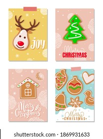 Joy and merry Christmas gingerbread cookies set vector. Reindeer with horns, pine tree biscuit, house and baubles, ball and heart, bell and bird shape