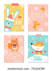 Joy and Merry Christmas, Happy Holidays and let it snow, banners with rabbit, cheerful birds, squirrel with acorn fox isolated on vector illustration