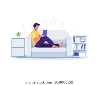 Alegría de la ilustración conceptual Missing Out. Hombre sentado en el sofá leyendo un libro en casa. Ilustración vectorial en un estilo plano
