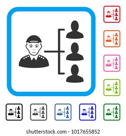 Joy Officer Subordinates vector icon. Person face has glad feeling. Black, gray, green, blue, red, pink color additional versions of officer subordinates symbol in a rounded square. A person in a cap.