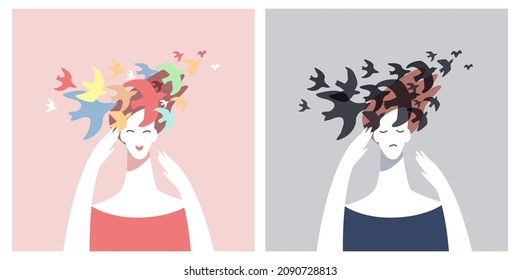 Joy, optimism, inspiration. Depression, melancholy, psychological problems. A metaphorical illustration of a woman's mood. The silhouette of a girl and a flock of birds.
