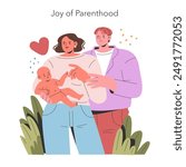 Joy of Parenthood concept. Happy couple holding a newborn, expressing love and family bonding. Affectionate parents with their baby. Vector illustration.